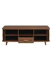 Rainsken Modern Rectangular Coffee Table with Vertical Grooved Panels, Pull-out Drawer and 6 Storage Compartments, Center Table for Living Room