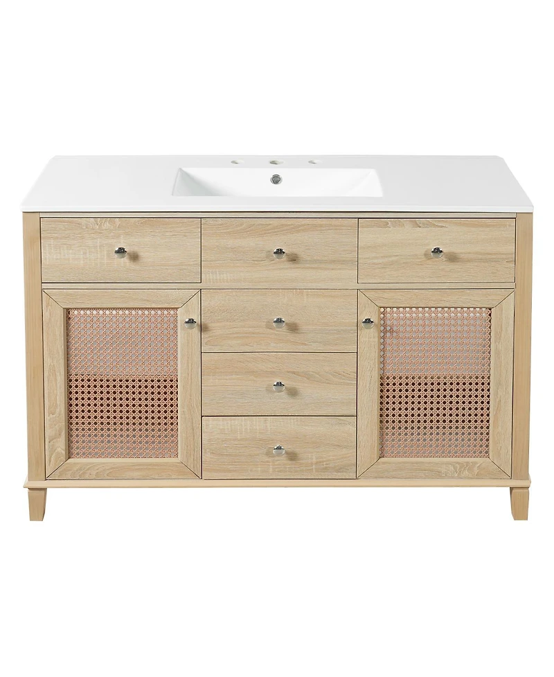 Sillysis 48 Inch Freestanding Bathroom Vanity with 5 Drawers, Rattan Doors and Ceramic Sink, Modern Soft Close Storage