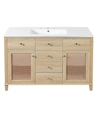 Sillysis 48 Inch Freestanding Bathroom Vanity with 5 Drawers, Rattan Doors and Ceramic Sink, Modern Soft Close Storage