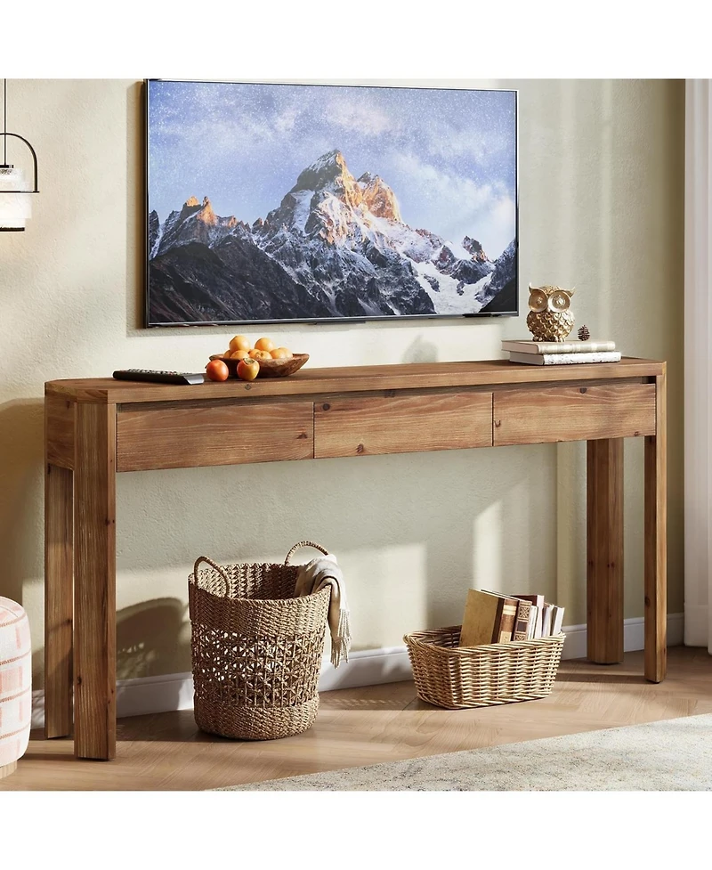 Tribesigns 63" Solid Wood Console Table with 3 Drawers, 63" Long Entryway Table with Rounded Corners, Narrow Sofa Table