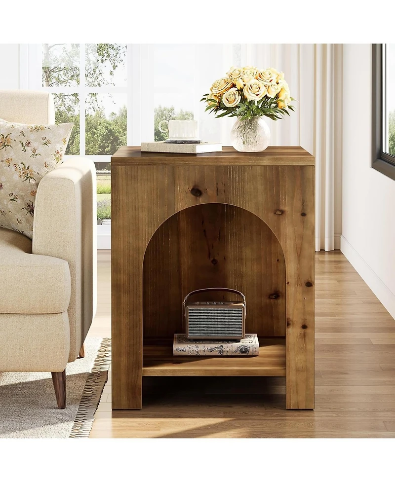 Tribesigns 2-Tier Storage Square Side Table, Farmhouse Wooden End Table with Arch Design, Small Nightstand