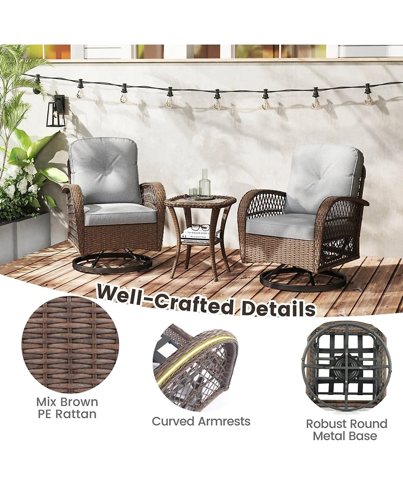 Gymax Set Of 3 Patio Swivel Rocker Set Gliding Bistro Furniture Set w/ Tempered Glass Table