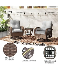 Gymax Set Of 3 Patio Swivel Rocker Set Gliding Bistro Furniture Set w/ Tempered Glass Table