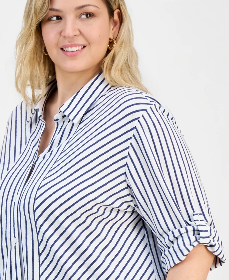 Style & Co Plus Striped Knit Roll-Tab Shirt, Macy's Exclusive