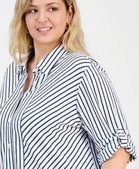 Style & Co Plus Striped Knit Roll-Tab Shirt, Macy's Exclusive