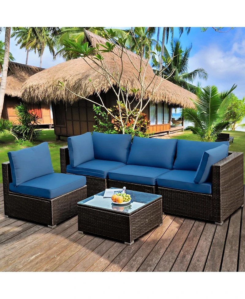 Gymax 5 Pieces Rattan Patio Conversation Set Sofa Furniture Set with Cushions
