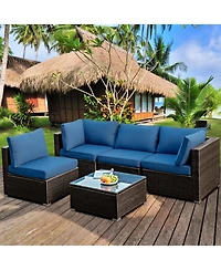 Gymax 5 Pieces Rattan Patio Conversation Set Sofa Furniture Set with Cushions