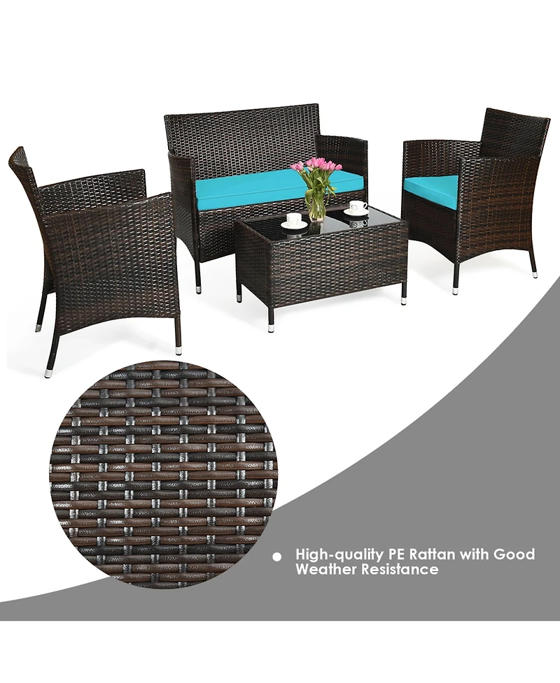 Gymax 4 Pieces Patio Rattan Conversation Furniture Set Outdoor w/ Cushion