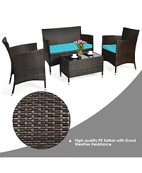 Gymax 4 Pieces Patio Rattan Conversation Furniture Set Outdoor w/ Cushion