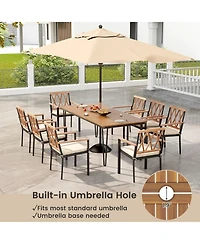 Gymax 9 Pcs Patio Dining Set Rectangular Dining Table w/ Acacia Wood Top Umbrella Hole