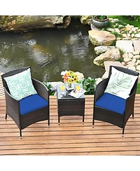 Gymax 3PCS Patio Rattan Chair & Table Furniture Set Outdoor w/ Beige Cushion