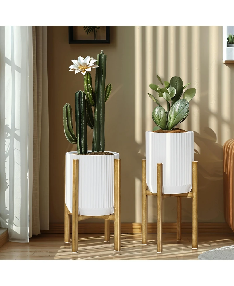 LuxenHome 2-Pc Textured Round White Metal Cachepot Planters with Gold Stands