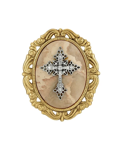 Symbols of Faith 14k Gold Dipped Brown Obsidion Oval Brooch