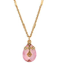 Symbols of Faith 14k Gold Dipped Rose Quartz Oval Glass Drop Crystal Cross 16"+3" Necklace
