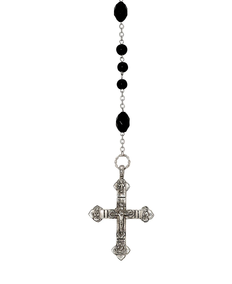 Symbols of Faith Silver Tone Black Glass Bead With Pewter Crucifix Rosary Necklace