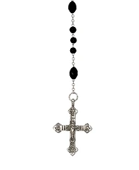 Symbols of Faith Silver Tone Black Glass Bead With Pewter Crucifix Rosary Necklace
