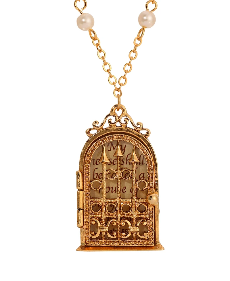 Symbols of Faith Gold Tone My Prayer House Locket Faux Pearl Chain Necklace