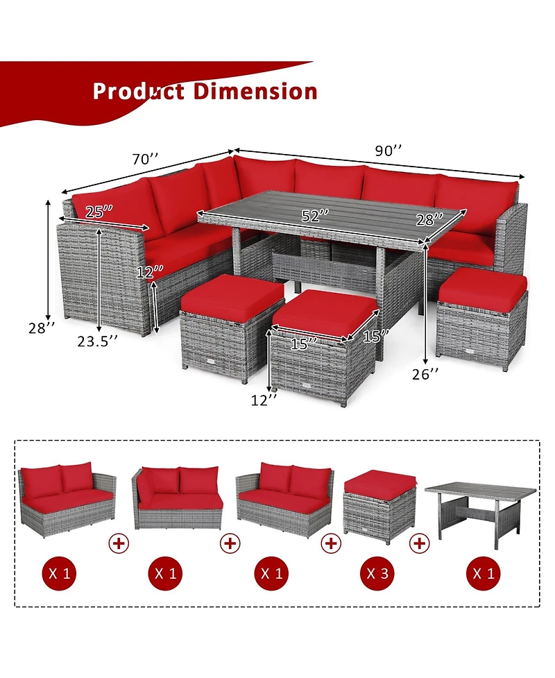 Gymax 7PCS Rattan Patio Sectional Sofa Set Conversation Set Cushions