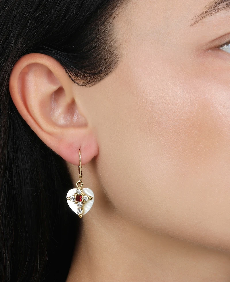 Symbols of Faith Gold Tone MoP Heart Siam Crystal Cross Leverback Earrings