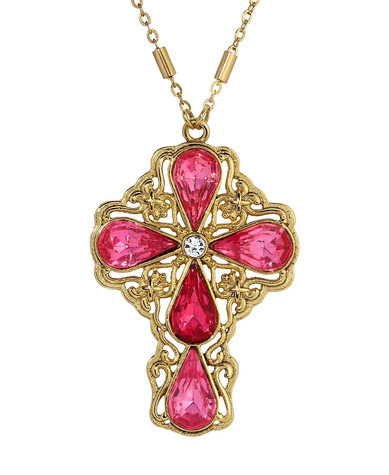 Symbols of Faith Gold-Tone Pink Rose Teardrop Crystal Pendant Cross 28" Necklace