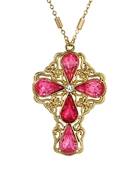 Symbols of Faith Gold-Tone Pink Rose Teardrop Crystal Pendant Cross 28" Necklace