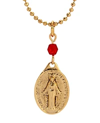 Symbols of Faith Gold-Tone Oval Miraculous Medal Charm Red Bead 16" Necklace