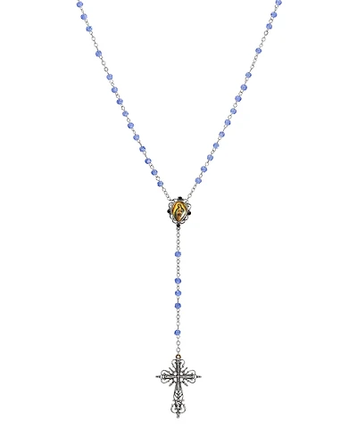Symbols of Faith Silver-Tone Filigree Cross Lady of Gualalupe Decal Blue Beaded Chain Rosary