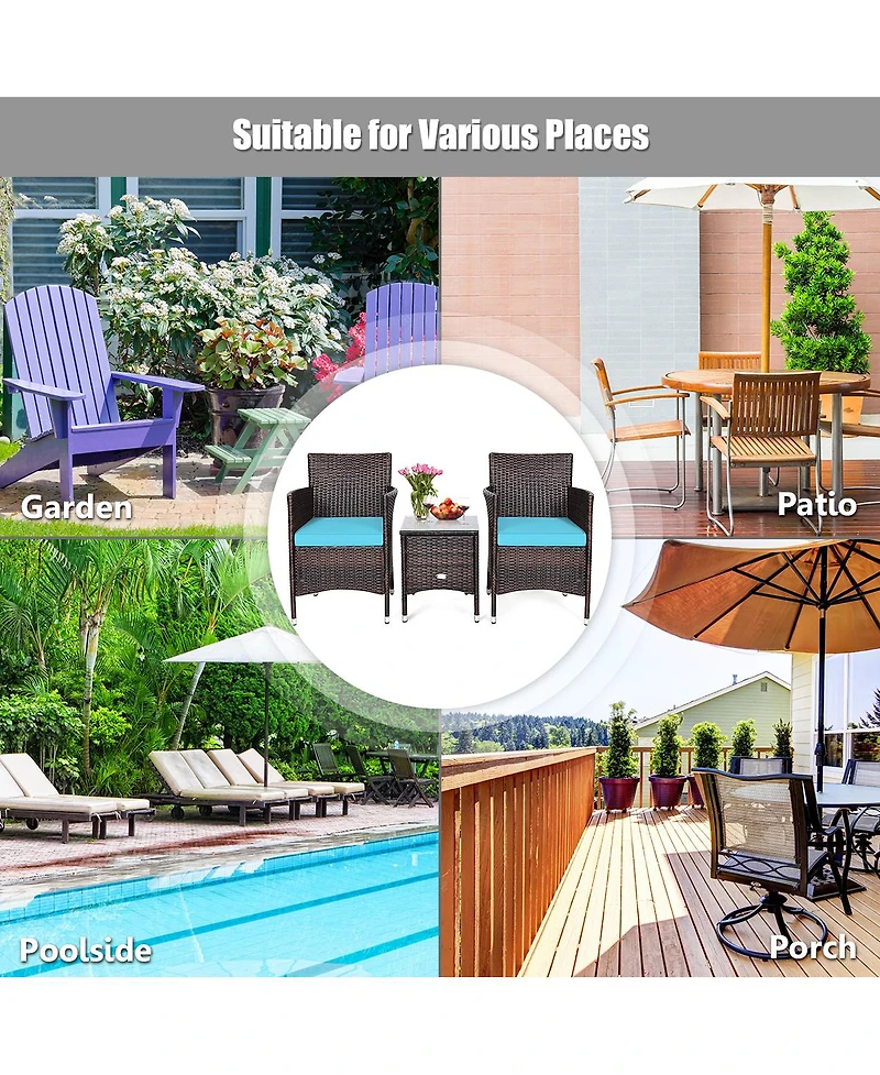 Gymax 3PCS Patio Rattan Chair & Table Furniture Set Outdoor w/ Beige Cushion