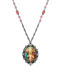 Symbols of Faith Silver-Tone Oval Holy Family Decal 26" Necklace