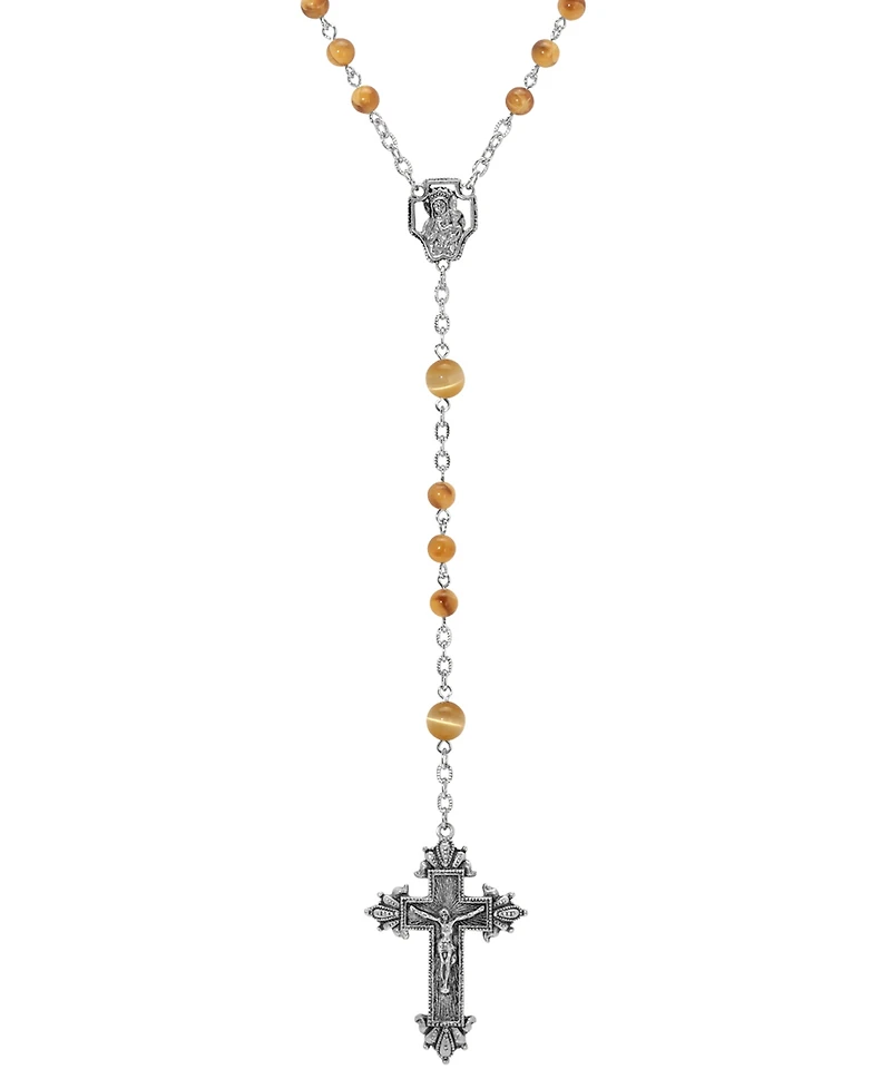 Symbols of Faith Silver-Tone Brown Beaded Crucifix Rosary
