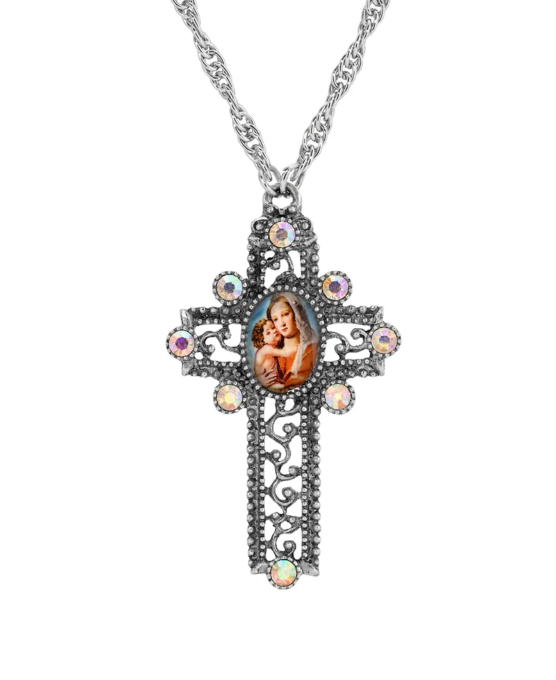 Symbols of Faith Silver-Tone/Pewter Mary Child Decal Ab Crystal Cross 28" Necklace