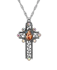 Symbols of Faith Silver-Tone/Pewter Mary Child Decal Ab Crystal Cross 28" Necklace