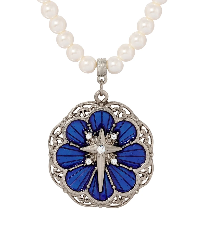 Symbols of Faith Silver-Tone Star of Bethlehem Blue Enamel Imitation Pearl Necklace