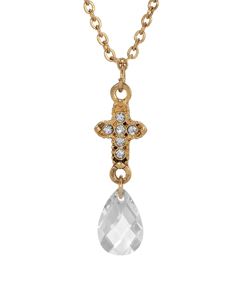 Symbols of Faith Gold-Tone Cross with Clear Crystals Clear Briolette Drop 16" Necklace