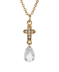 Symbols of Faith Gold-Tone Cross with Clear Crystals Clear Briolette Drop 16" Necklace