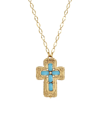 Symbols of Faith 14K Gold Dipped Aqua Blue Moonstone Cross Locket Pendant 32" Necklace