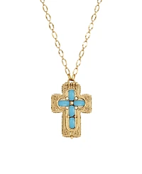 Symbols of Faith 14K Gold Dipped Aqua Blue Moonstone Cross Locket Pendant 32" Necklace