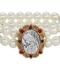 Symbols of Faith Faux Pearl Bracelet With Red Crystals Silvertone Angel