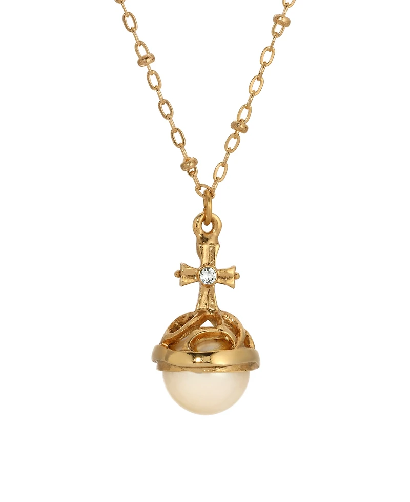 Symbols of Faith 14k Gold Dipped Imitation Pearl Stone Clear Crystal Cross 16" Necklace