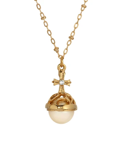 Symbols of Faith 14k Gold Dipped Imitation Pearl Stone Clear Crystal Cross 16" Necklace