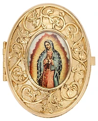 Symbols of Faith Gold Tone Our Lady of Guadalupe Decal Oval Pill Box