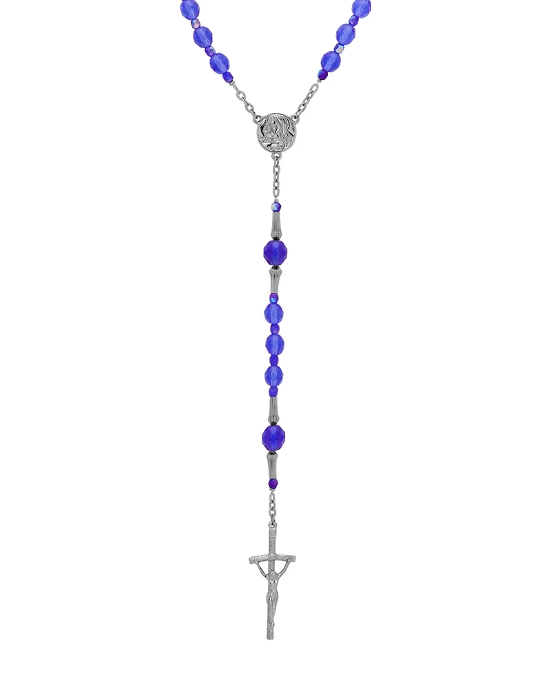 Symbols of Faith Silver-Tone Blue Bead Virgin Mary Crucifix Rosary