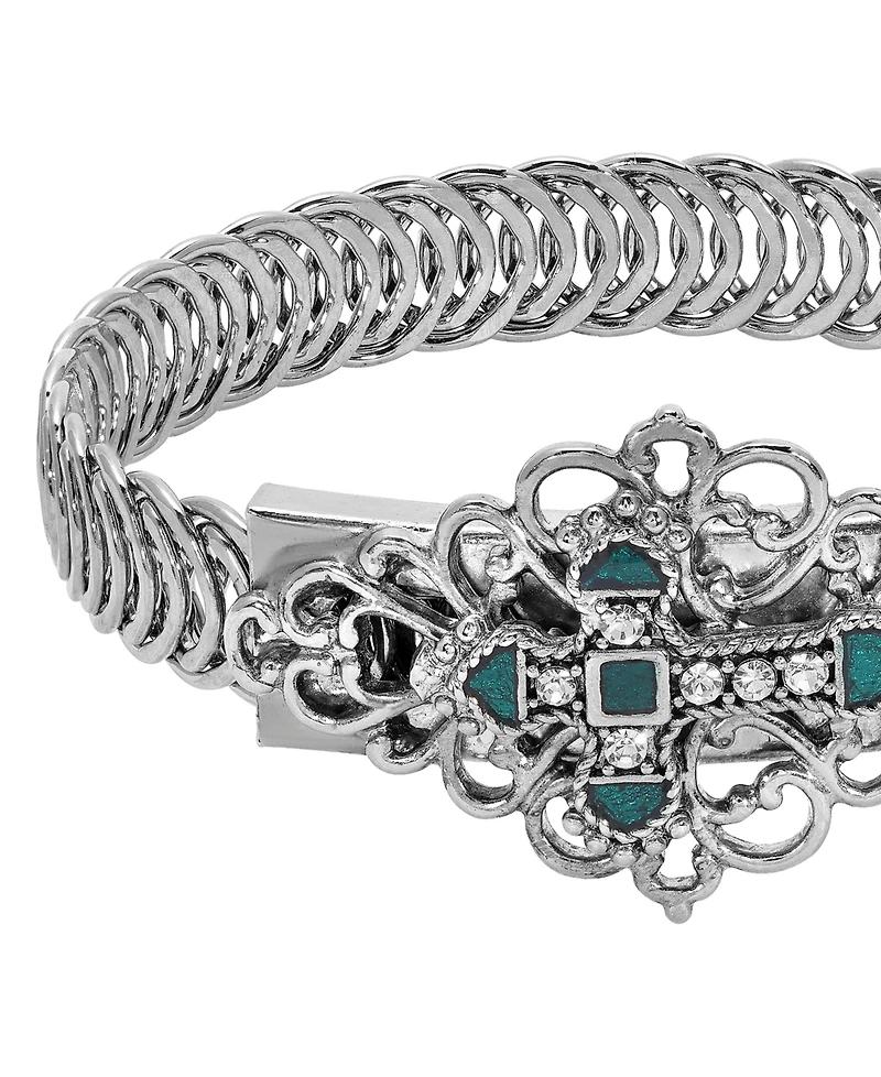 Symbols of Faith Silver Tone Green Enamel Cross Bracelet