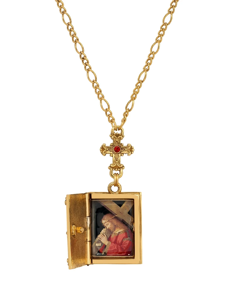 Symbols of Faith Gold Tone Cross Red Stone Bible Locket Jesus Calvary Decal 28" Necklace