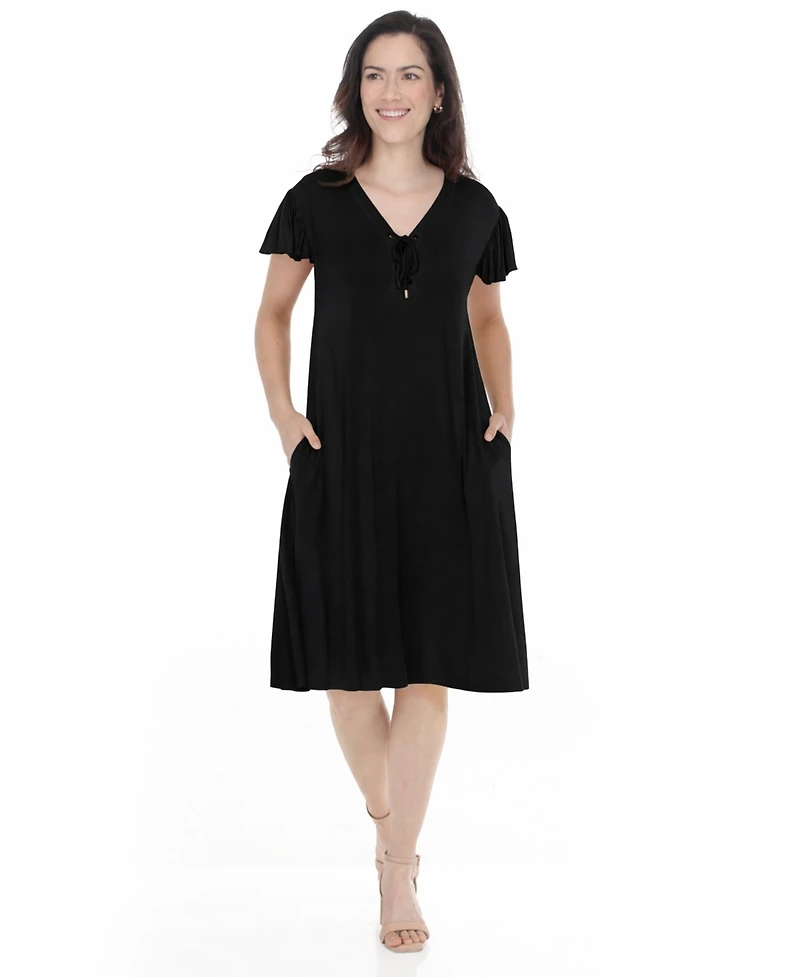 White Mark Women's V-Neck Tie Front Flutter-Sleeve Shift Dress