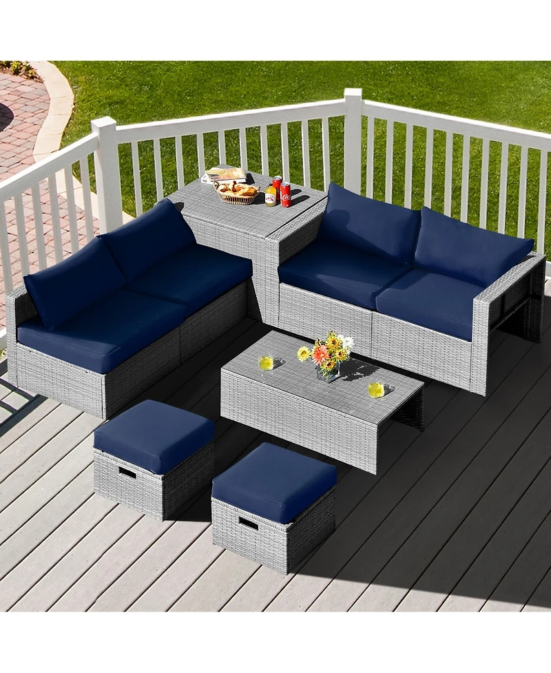 Gymax 8 Pieces Rattan Patio Space-Saving Furniture Set with Waterproof Cover and Cushions.