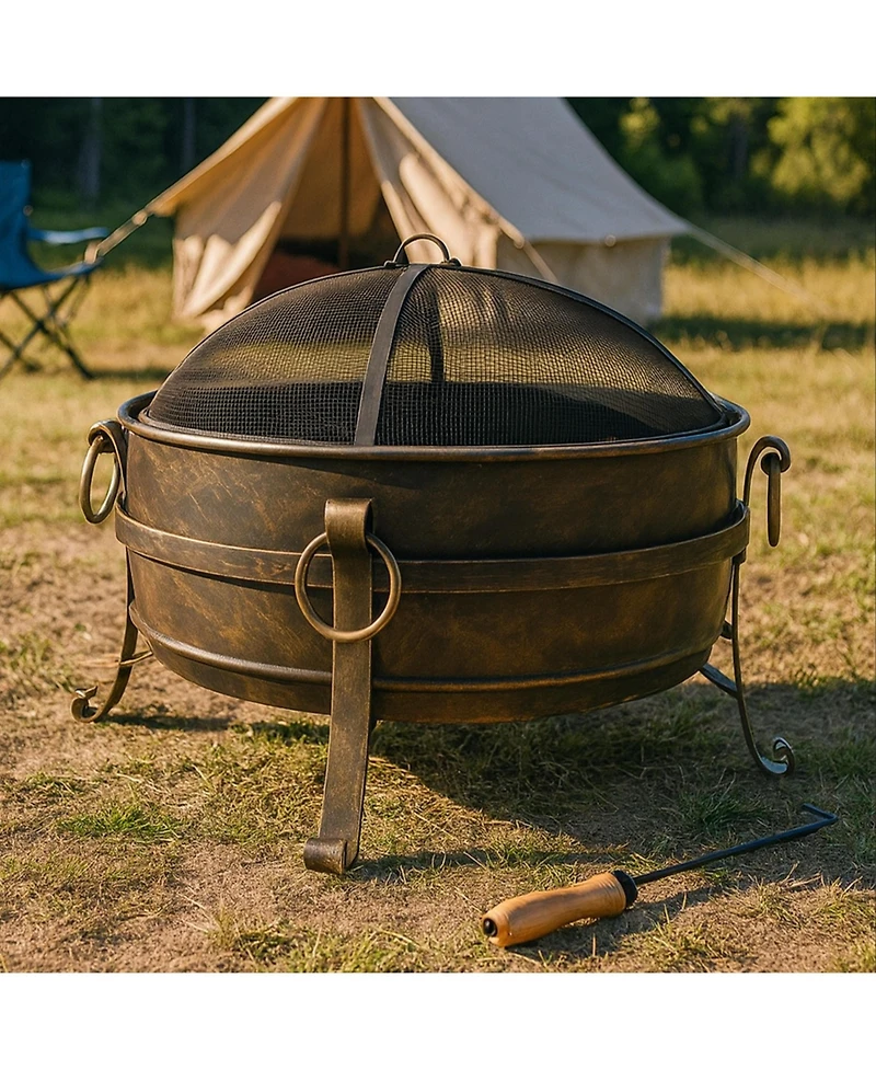 Outdoor Camping or Backyard Round Cauldron Fire Pit with Spark Screen, Log Poker, and Metal Wood Grate