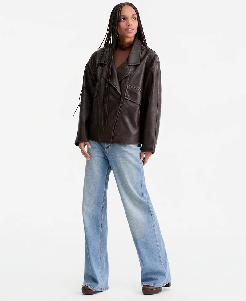 CoffeeShop Women's Asymmetric-Button-Front Faux-Leather Coat