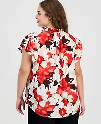 Anne Klein Plus Tie-Neck Flutter-Sleeve Top