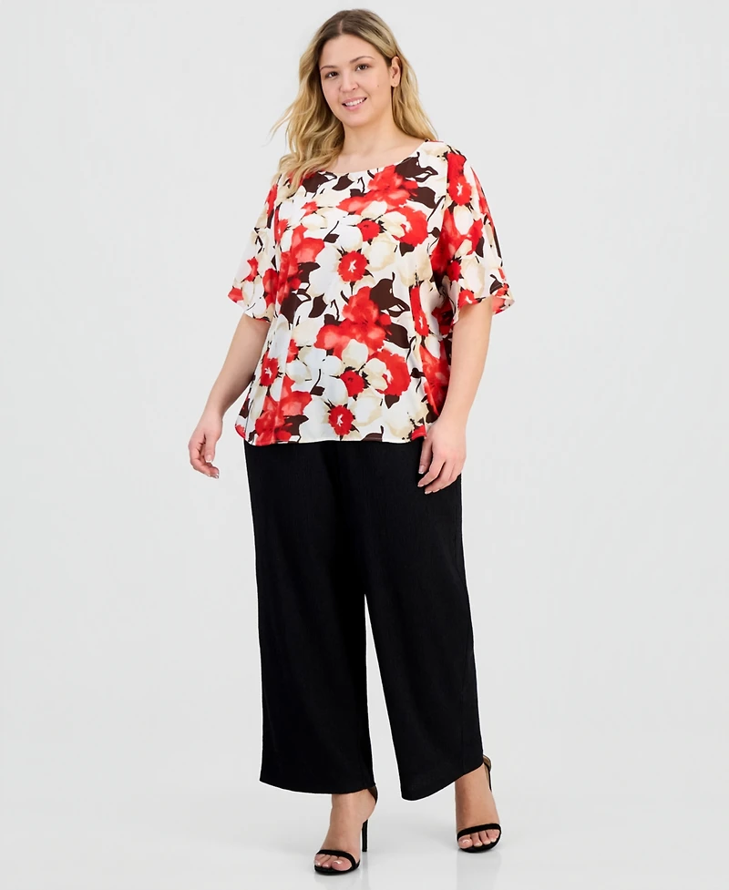 Anne Klein Plus Floral-Print Half-Sleeve Top